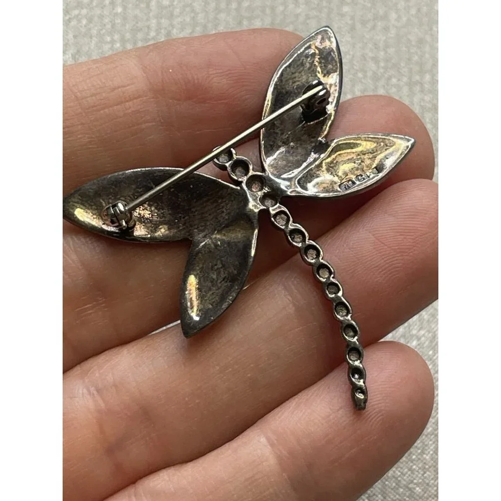 Vintage Dragonfly Brooch Pin 925 Marcasite Signed CFJ